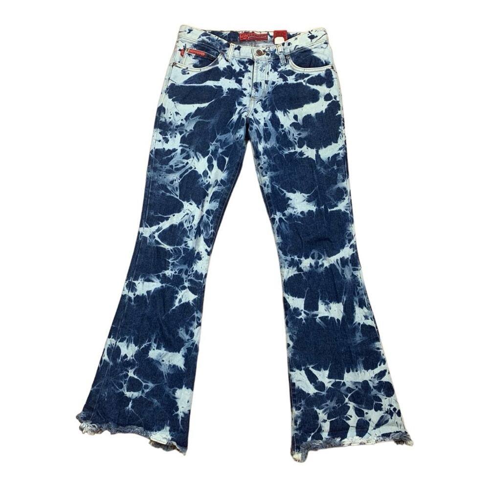 Hot Kiss juniors size 9 tye dye flare jeans boho raw hem 30 waist y2k 90s - Picture 1 of 12